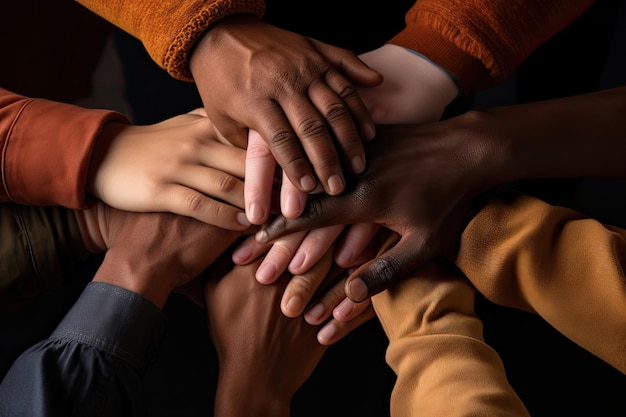 Grupa różnorodnych ludzi trzymających się za ręce na czarnym tle zbliżenie stos rąk pokazujący jedność i pracę zespołową AI generowane