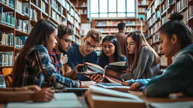 Grupa różnorodnych studentów studiujących razem w bibliotece wszyscy patrzą na książkę tło jest niewyraźne