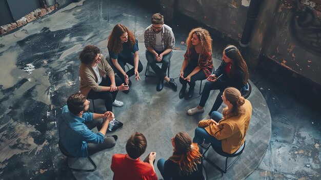 Grupa różnych ludzi siedzi w kręgu na sesji terapii grupowej, wszyscy noszą zwykłe ubrania i patrzą na siebie.