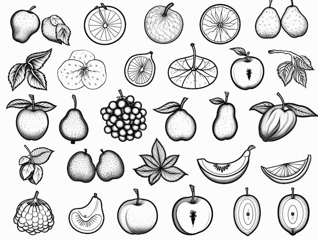 Zdjęcie grupa różnych owoców i warzyw jest rysowana w linii generatywnej ai