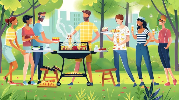 Grupa różnych przyjaciół robi grilla w parku, grilują jedzenie, piją i rozmawiają.