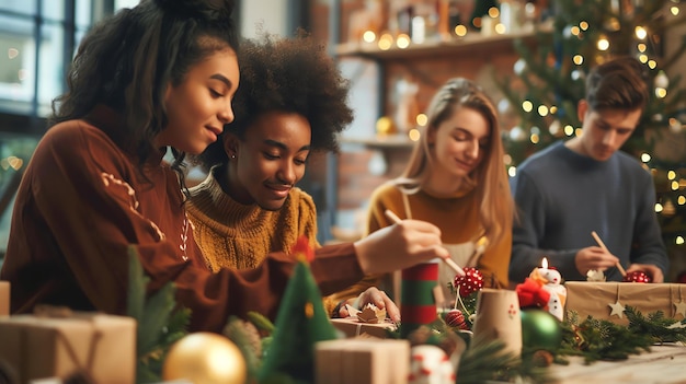 Grupa różnych przyjaciół zebrała się wokół stołu, robiąc rzemiosła i przygotowując się do Bożego Narodzenia