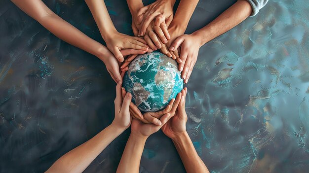 Zdjęcie grupa różnych rąk trzymających glob razem reprezentująca jedność i współpracę w ochronie planety