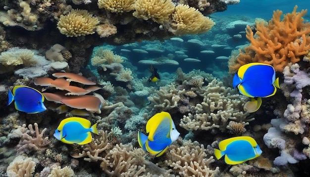 grupa ryb pływających w korale z niebieską rybą na tle