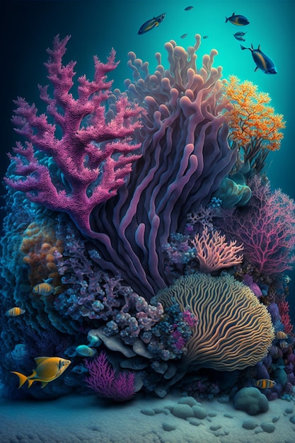 Grupa ryb pływających wokół generatywnej rafy koralowej ai