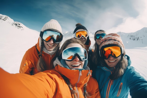 Grupa selfie znajomych na nartach Szczęśliwa zabawa Generuj sztuczną inteligencję