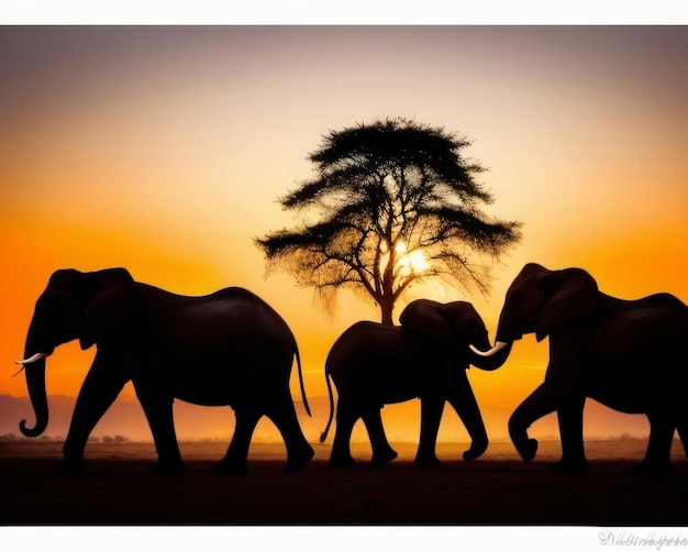 Grupa słoni idzie przed drzewem, a za nimi zachodzi słońce.