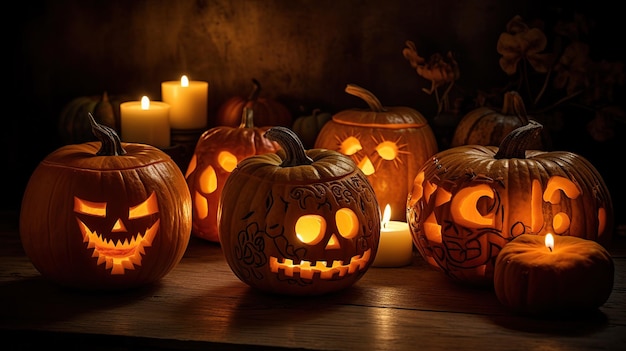 Zdjęcie grupa spooky rzeźbione jack o lantern halloweenowa dynia