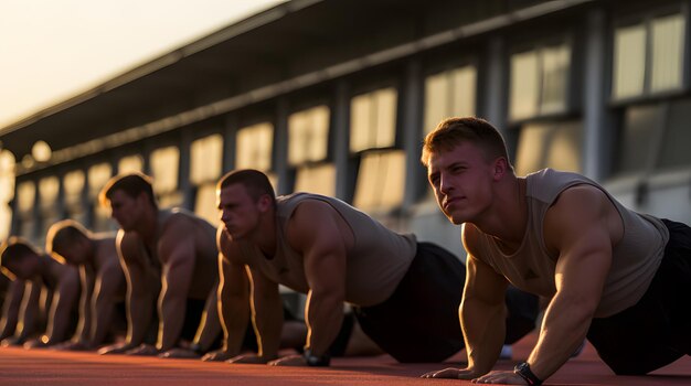 Zdjęcie grupa sportowców rozciągających się przed poranną sesją treningową