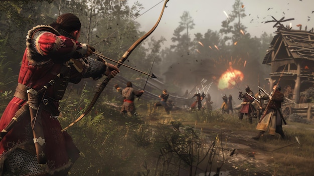Zdjęcie grupa średniowiecznych żołnierzy walczy w lesie, jeden z nich strzela strzałą do wroga.