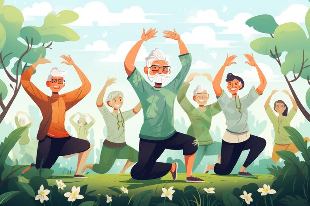 grupa starszych białych ludzi wykonujących ćwiczenia na zajęciach jogi na świeżym powietrzu płaska ilustracja