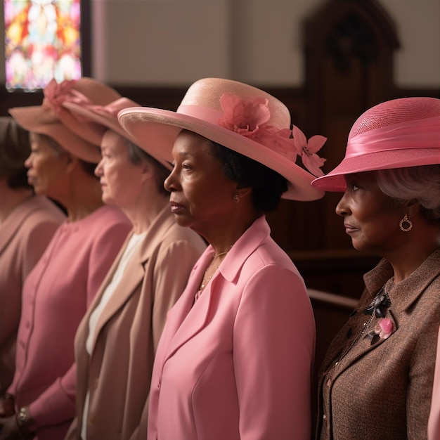 Zdjęcie grupa starszych kobiet w różowych sukniach.