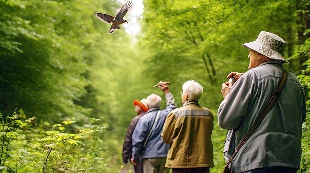 Zdjęcie grupa starszych ludzi oglądających ptaki w gęstym lesie