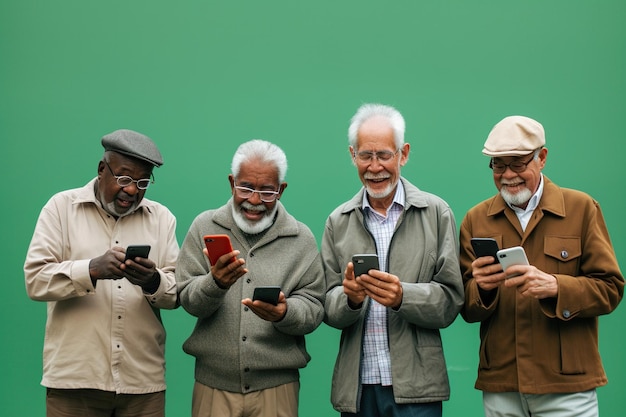 Grupa starszych mężczyzn patrzących na smartfony na zielonym tle