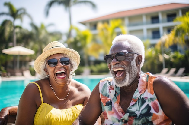 Grupa starszych obywateli śmieje się szczęśliwie przy basenie