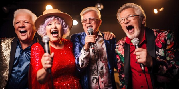 Zdjęcie grupa starszych przyjaciół bawi się śpiewając w klubie karaoke