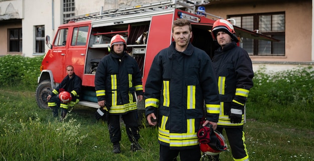 Grupa strażaków stojących pewnie po dobrze wykonanej akcji ratowniczej. Strażacy gotowi do pogotowia. Zdjęcie wysokiej jakości