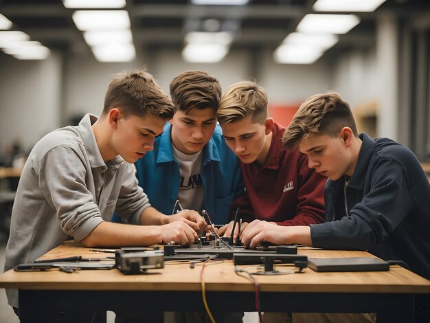 Zdjęcie grupa studentów siedzi zgromadzona wokół stołu z głowami zgiętymi w koncentracji podczas pracy