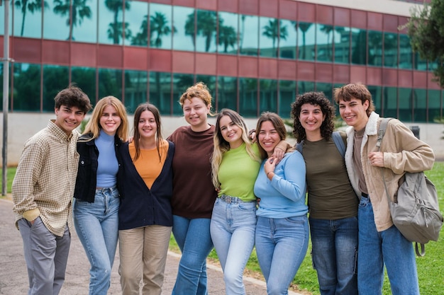 Grupa studentów spacerująca po uniwersyteckich ogrodach