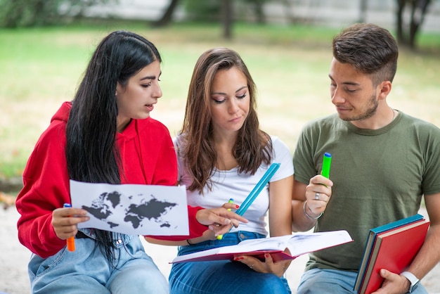 Grupa studentów studiujących na świeżym powietrzu w parku