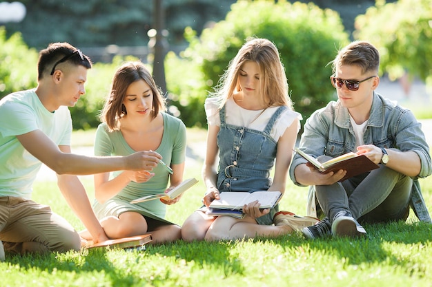 Grupa studentów studiujących na zewnątrz