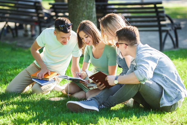 Grupa Studentów Uczących Się Lekcji Na Zewnątrz. Uczniowie Czytający Podręczniki Lub Samouczek. Studiowanie Młodzieży W Parku.