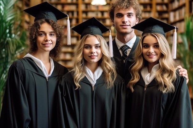 Grupa studentów w togach dyplomowych stoi w bibliotece.