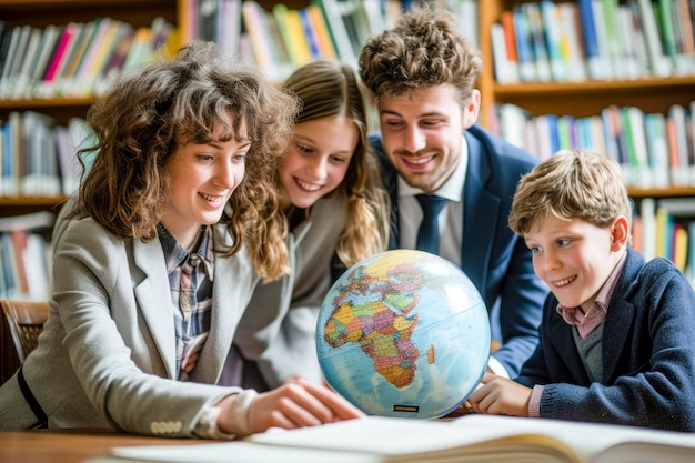 Grupa studentów wskazujących na globus w bibliotece