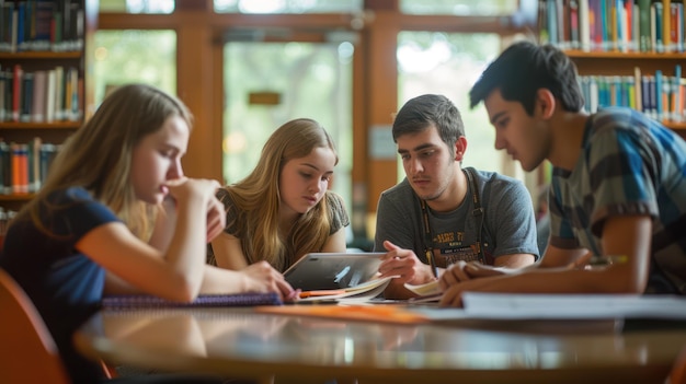 Grupa studentów współpracujących nad projektem w bibliotece