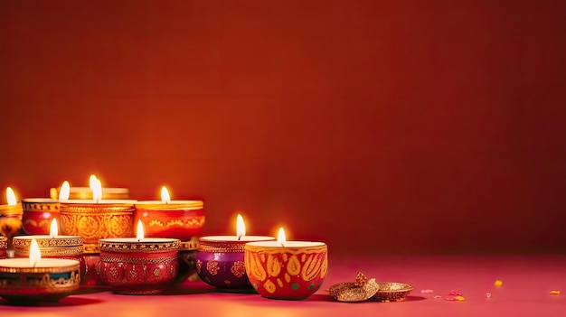 Grupa świec Diwali z czerwonym tłem.