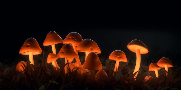 Grupa świecących grzybów świeci w ciemności