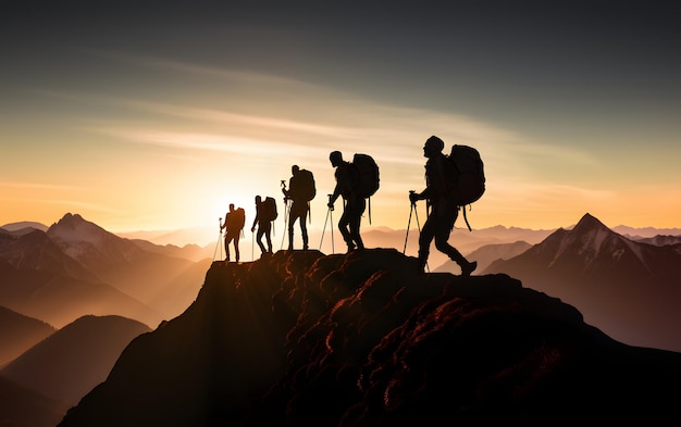 Grupa sylwetek ludzi na szczycie wspinaczki górskiej pomaga sobie nawzajem w koncepcji