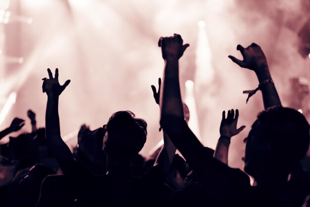 Zdjęcie grupa sylwetkowych ludzi na koncercie muzycznym