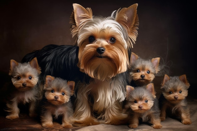 Grupa szczeniąt rasy Yorkshire terrier Generate Ai