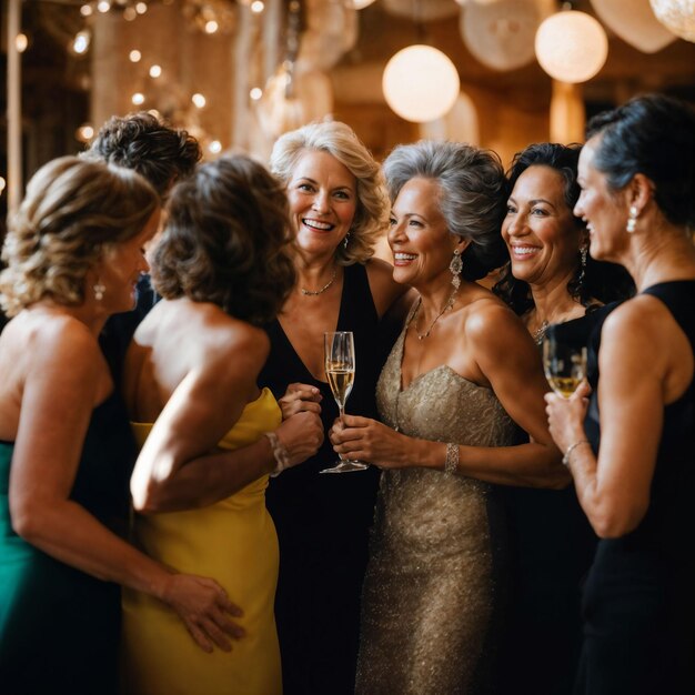 grupa szczęśliwej starszej kobiety w średnim wieku na nocnej imprezie generatywnej AI