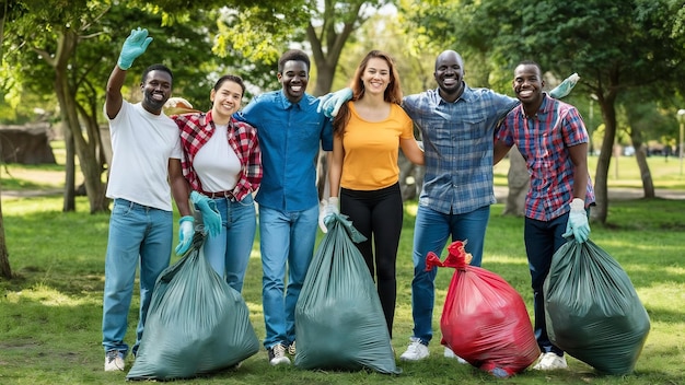 Grupa szczęśliwych afrykańskich wolontariuszy z workami na śmieci sprzątającymi obszar w parku Africa Volunteering Chari