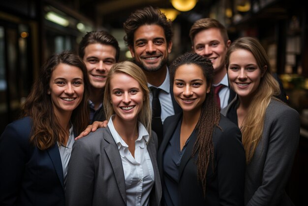 Grupa szczęśliwych biznesmenów i biznesmenek ubranych w garnitury uśmiecha się w biurze.