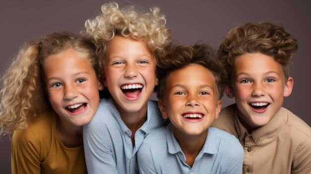 Grupa szczęśliwych dzieci śmiejących się i patrzących na kamerę Studio nakręciło Generative AI