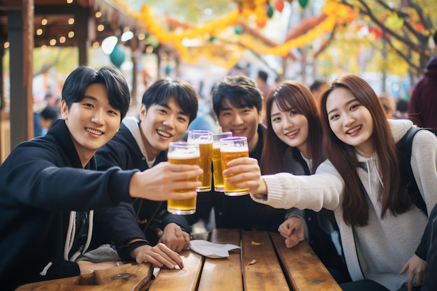 Grupa szczęśliwych Koreańczyków brzęczy kuflami piwa, celebrując świąteczną atmosferę