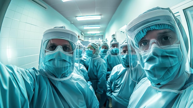 Grupa szczęśliwych lekarzy w kolorowych szlafrokach i maskach uśmiecha się i śmieje razem