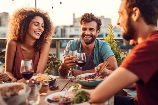 Grupa szczęśliwych młodych ludzi podnosi toast z winem podczas obiadu w restauracji w słoneczny letni dzień Generatywna sztuczna inteligencja