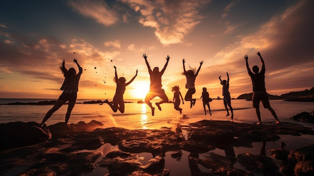 Grupa szczęśliwych młodych przyjaciół tańczących na plaży o zachodzie słońca