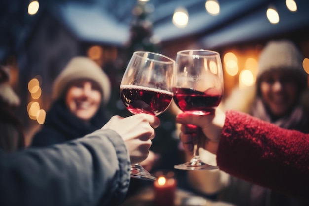 Grupa szczęśliwych przyjaciół w zimowych ubraniach, pijących czerwone wino na tarasie restauracji zimą zamazane tło Ilustracja generatywna AI