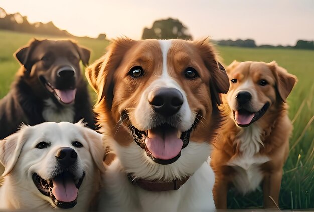 Grupa szczęśliwych psów z zbliżeniem jednego z nich z przodu