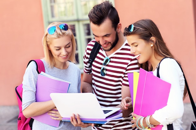 grupa szczęśliwych studentów studiujących w plenerze