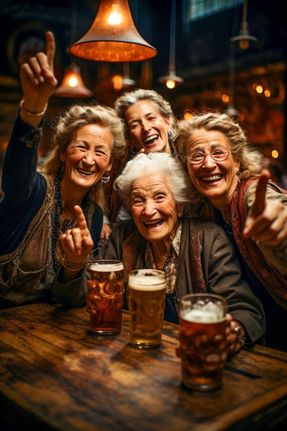 Grupa szczęśliwych, uśmiechniętych, starych przyjaciół pije piwo.