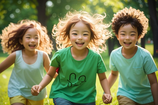 Zdjęcie grupa szczęśliwych, wesołych, aktywnych małych dzieci, cieszących się wakacjami letnimi, spotykających się w parku i bawiących się na zielonej trawie