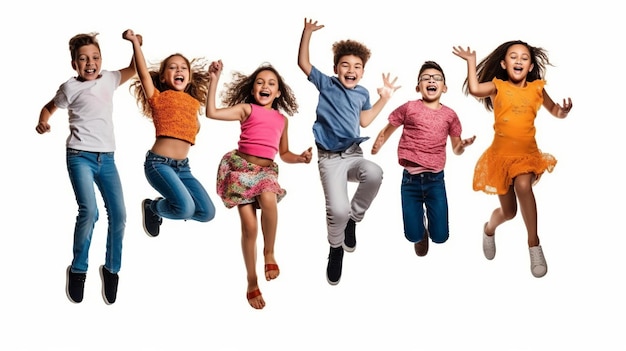 Grupa szczęśliwych, wesołych, sportowych dzieci skakających razem Odizolowane tło na dzień dziecka Generatywna ai