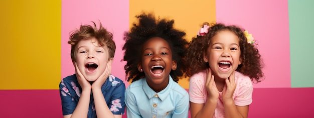 Grupa szczęśliwych, wieloetnicznych uczniów uśmiechających się na kolorowym tle stworzonym za pomocą generatywnej technologii sztucznej inteligencji