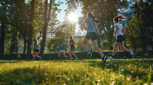 Grupa sześciu młodych kobiet biega w parku. Wszystkie noszą ubrania sportowe i buty do biegania.